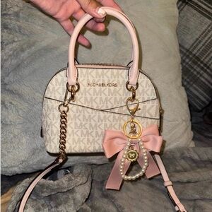 Michael Kors MINI Cream MK Signature Dome Satchel with Pale Pink Trim